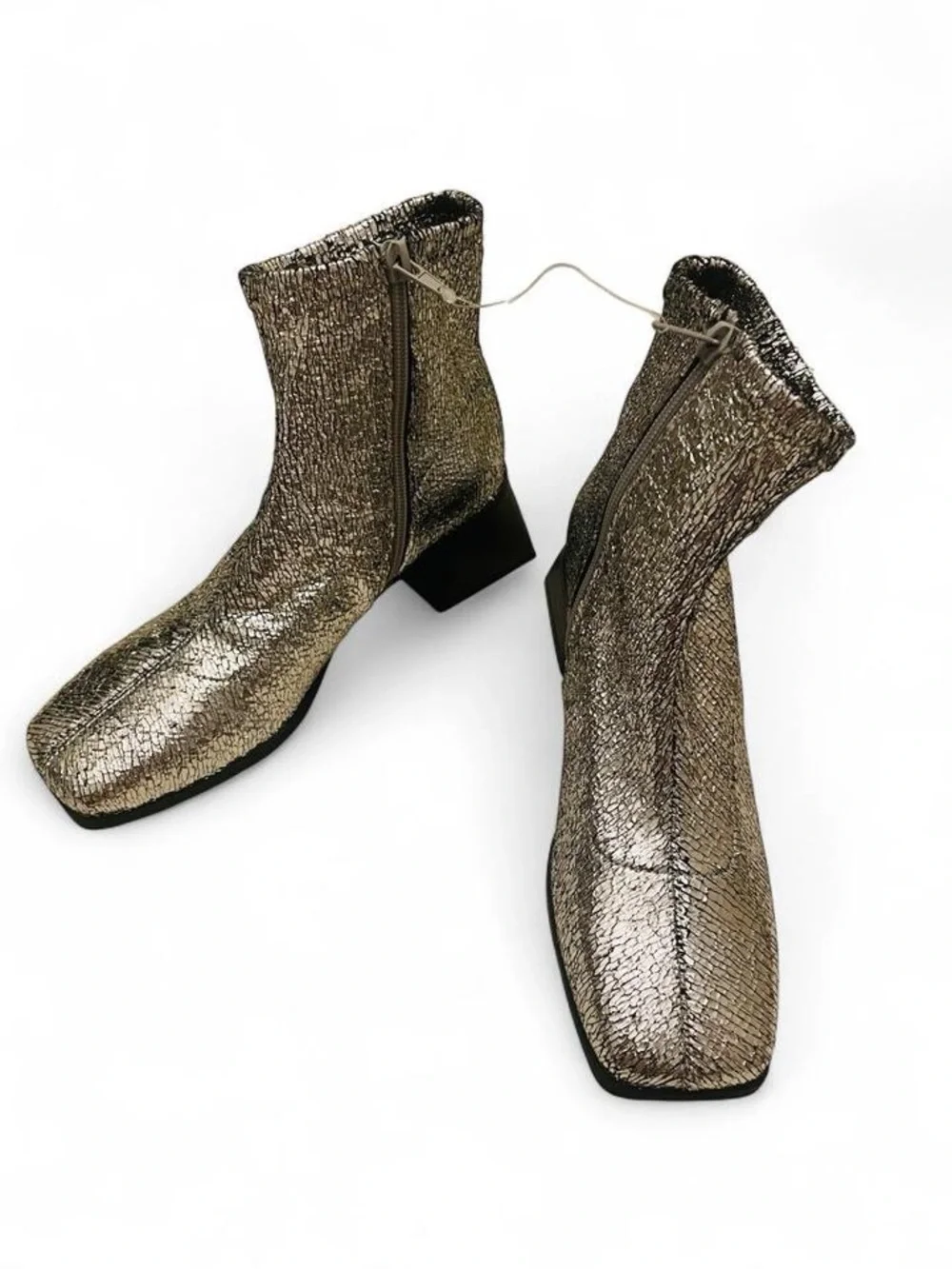 Katy Perry Lolette Silver Metallic Stretch Ankle Block Heel Boots NWOB